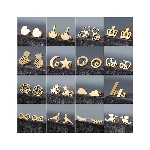 LRC Anting Tusuk Fashion Golden Stainless Steel Star And Moon Earrings V83820