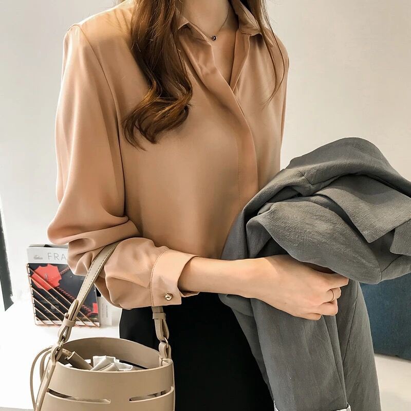Versi Korea sederhana kemeja Lengan panjang wanita Atasan sifon Warna solid Tipis longgar-1