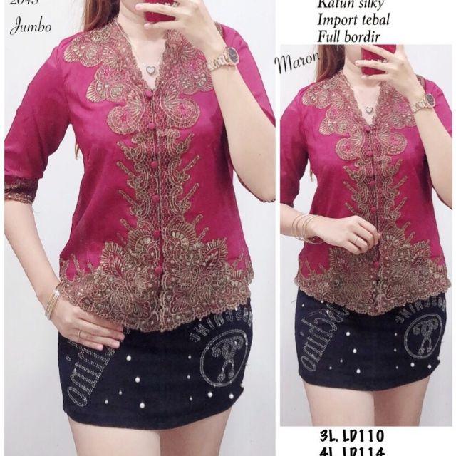 Promo kebaya Encim senada modern silky Korea import aplikasi brukat renda bordir-Maroon