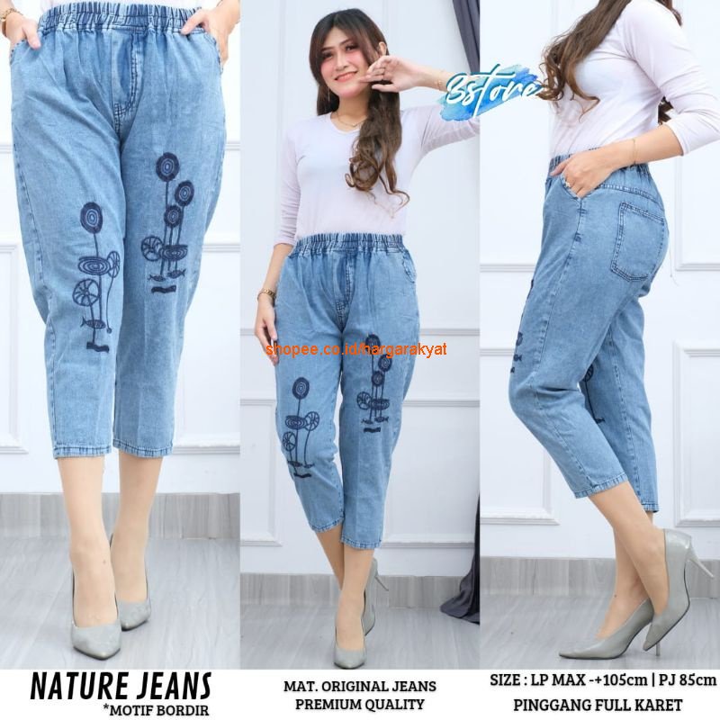 Boyfriend Jeans Bordir Pinggang Karet Motif Bunga Padi Nature