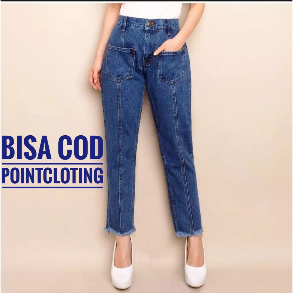 ( FREE BELT ) CELANA WANITA BOYFRIEND PLAIN JEANS KANTONG DEPAN ( KODE BF 206 )POINCLOTING