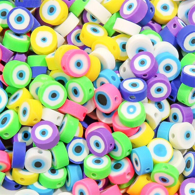 30Pcs/lot 10mm Evil Eye Flat Round Clay Polymer Beads Loose Beads For Making DIY Kids Jewelry Bracelet Necklace Accessories