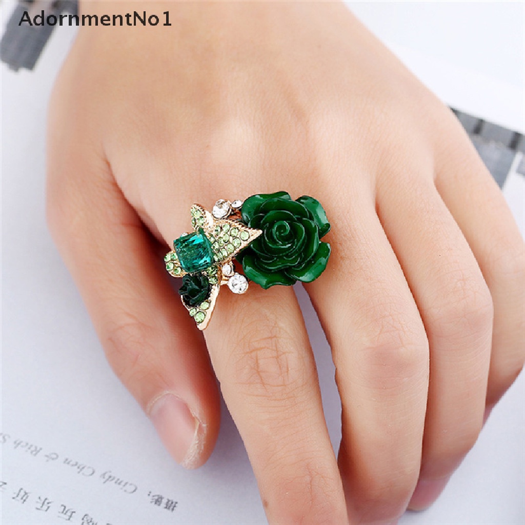 (AdornmentNo1) Cincin Tunangan Adjustable Motif Bunga Mawar + Kupu-Kupu Aksen Kristal + Berlian Imitasi Untuk Wanita