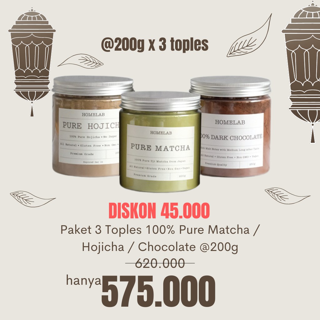 

100% Pure Uji Matcha, 100% Pure Hojicha & 100% Dark Chocolate - Paket Bundle 200G 3 Pcs hos