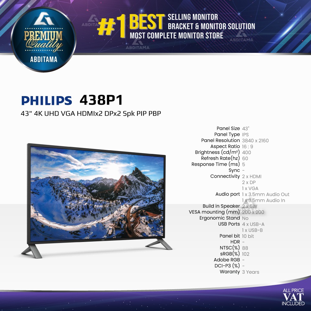 Monitor LED Philips 438P1 43&quot; 4K UHD VGA HDMIx2 DPx2 Speaker PIP PBP