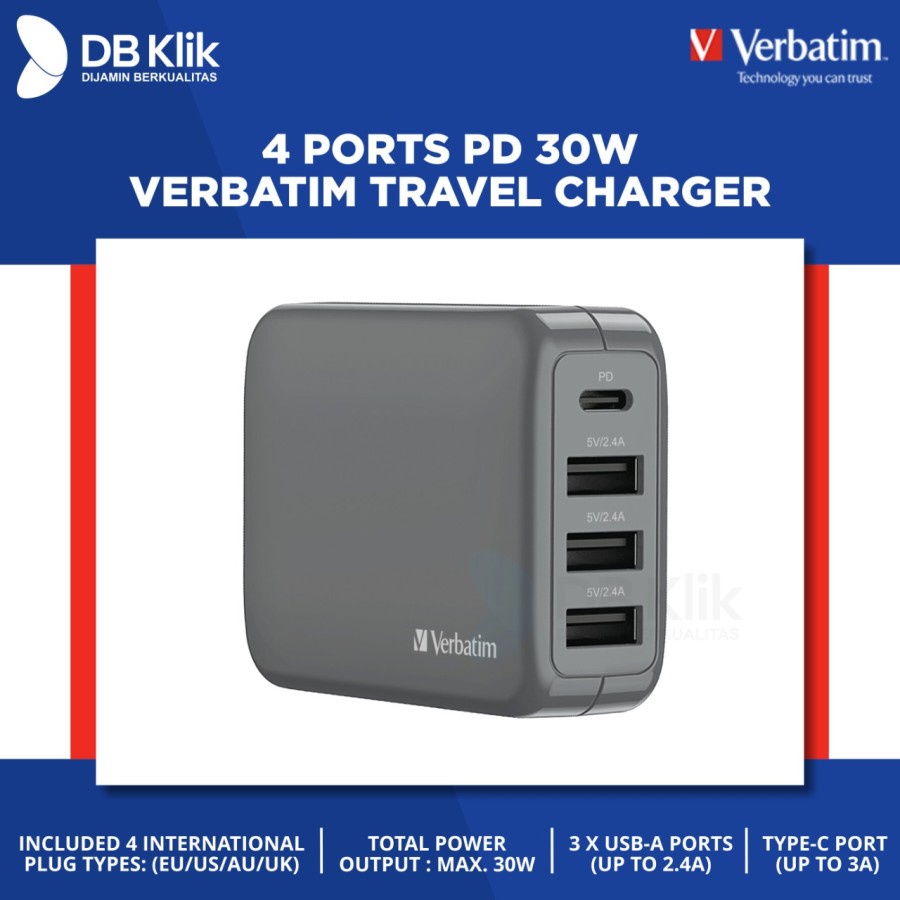 Travel Charger Verbatim 4Port PD 30W 1x USB C, 3x USB A-Verbatim 66320