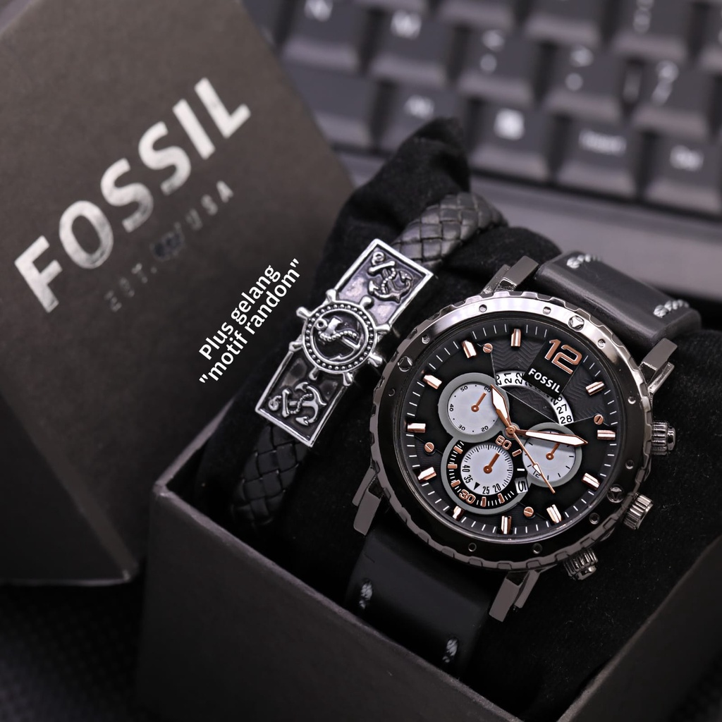 Best Seller  Jam Tangan Pria Fx 5095-TL Chrono Hiasan Tali Kulit Tanggal Aktif Free Box Ori , Gelang