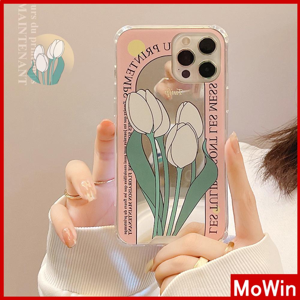 iPhone Case Acrylic Mirror Airbag Shockproof Protection Camera Cute Pink Tulip Flower Compatible For iPhone 11 iPhone 13 Pro Max iPhone 12 Pro Max iPhone 7 Plus iPhone x xr xs max