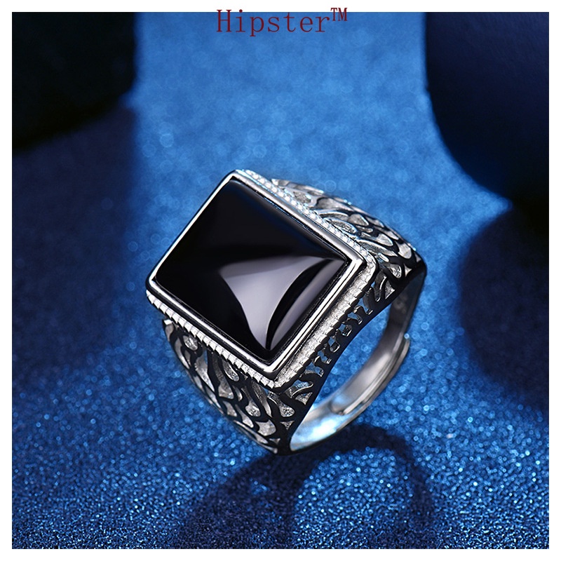 Retro Simple Stylish Domineering Inlaid Hollow Black Agate Ring