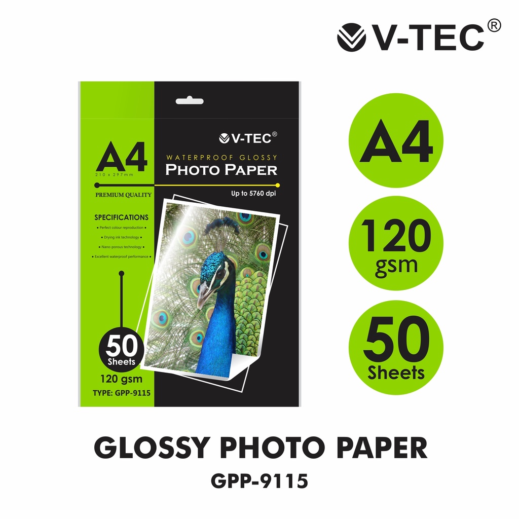 

Kertas Foto A4 120 Gsm 50 lembar / V-TEC Photo Paper Glossy 120gsm GPP-9115 50 sheet