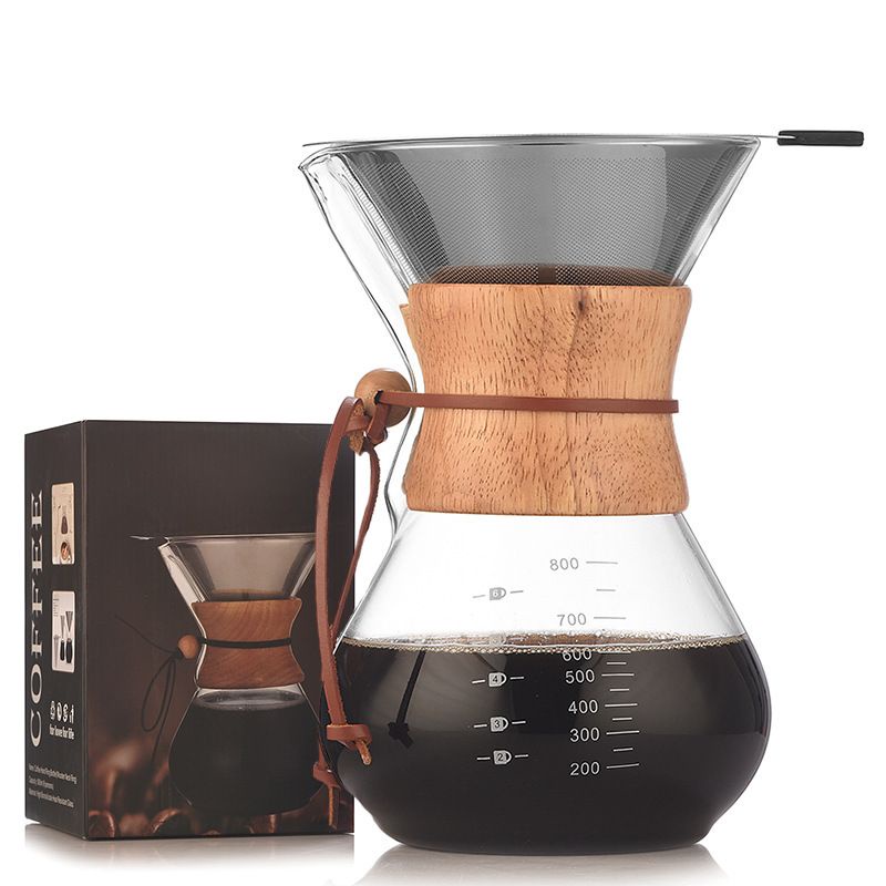 (BOW) Teko Kaca Kopi Bening Classic Dengan Wooden Handle Coffee Pot Serbaguna