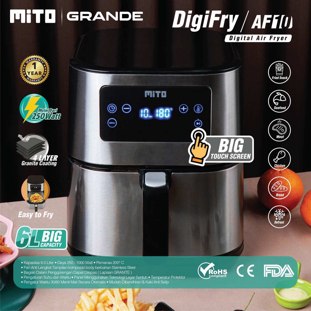 Air Fryer MITO Grande AF10 Kapasitas 6 Liter Menggoreng Tanpa Minyak