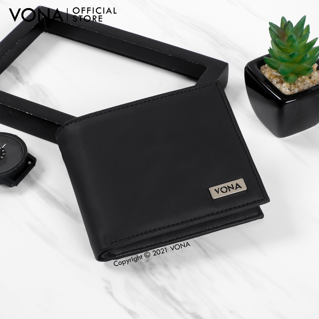 VONA Dompet Pria Lipat 3 Ruang Pendek Kulit PU Banyak Slot Kartu - Hitam Dark Brown - NOAH-4