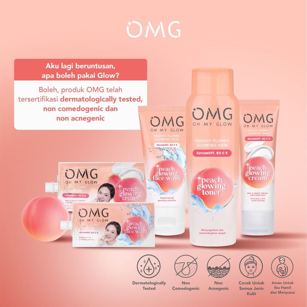 READY OMG Peach Glowing Series | Peachy Plumpy Glowing Skin | Cream | Face Wash | Toner | Krim Wajah | Sabun Cuci Muka