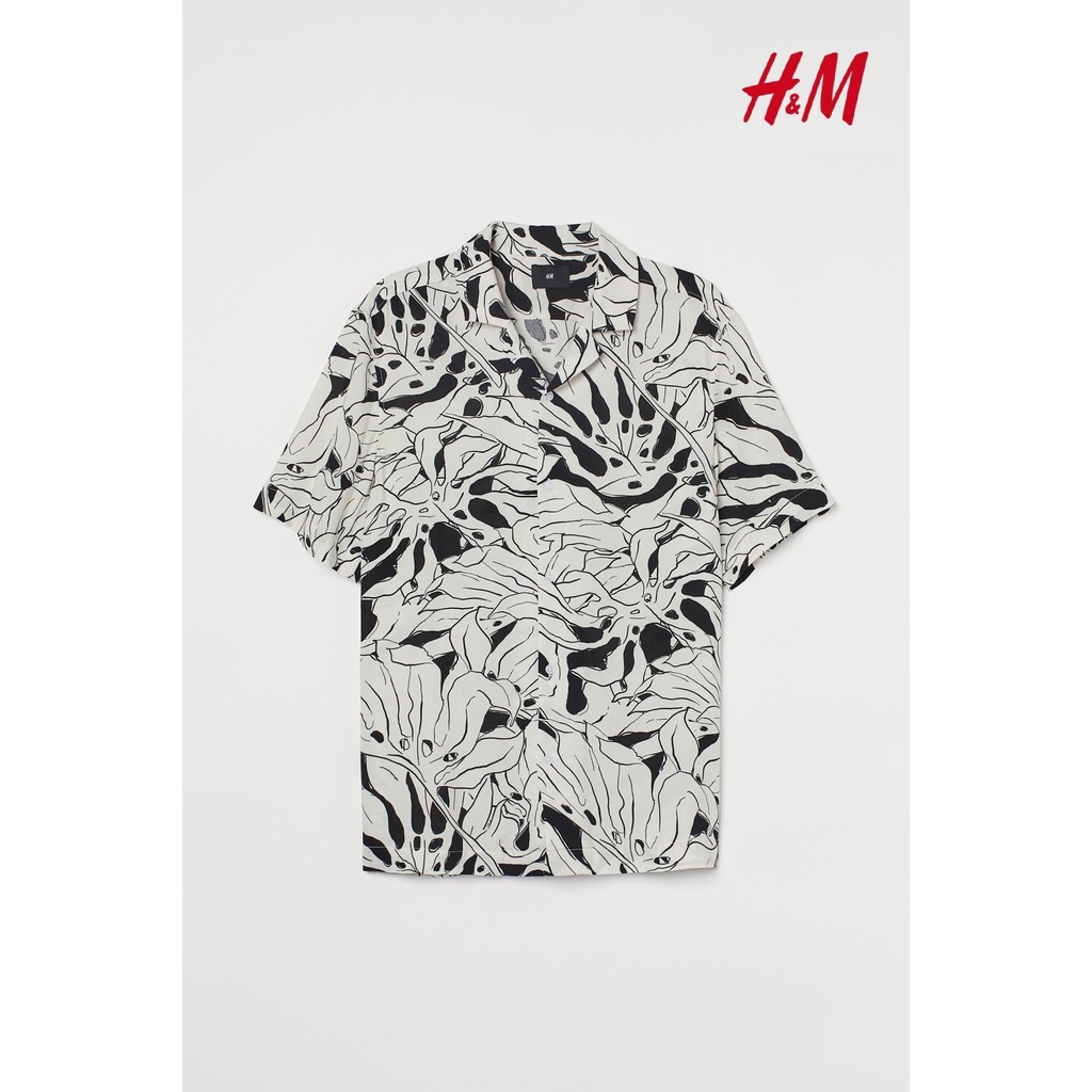 H&amp;M Kemeja Rayon Pria Putih Print Patterned Viscose Original