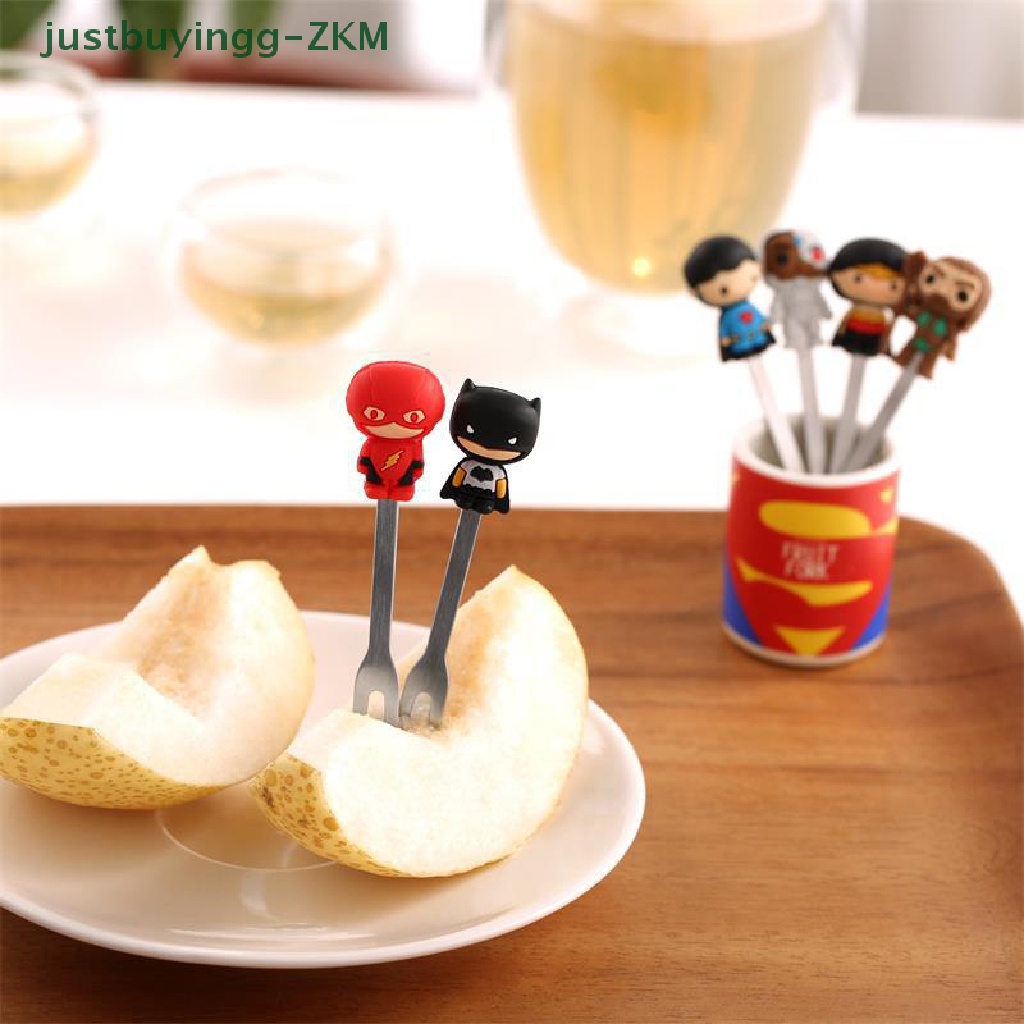 6 Pcs / Set Garpu Buah / Dessert Bahan Stainless Steel Desain Kartun Hero Dengan Holder