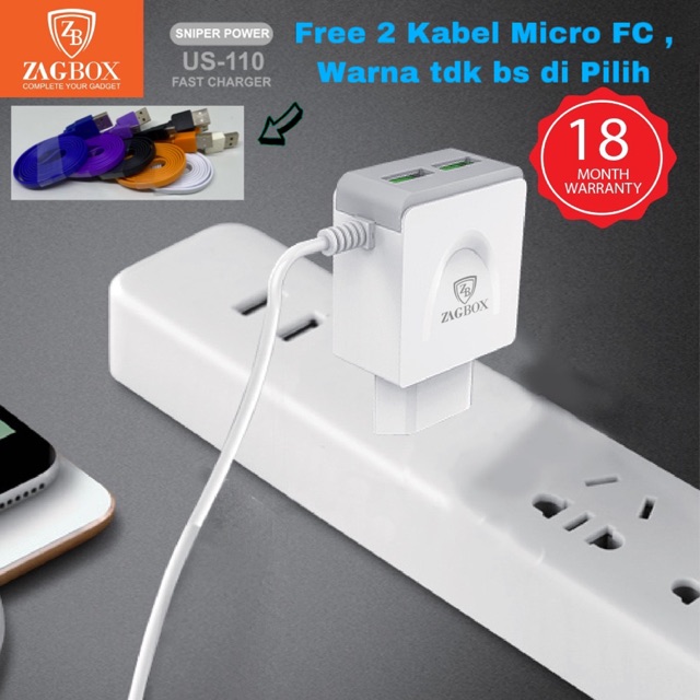 ZAGBOX Adaptor Charger 2Usb 1.5A SniperPower US-110 Free 2Kabel Micro FC Travel Charger TC