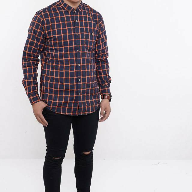 YB KEMEJA FLANEL PRIA MOTIF KOTAK LENGAN PANJANG SLIM FIT LONG SLEEVE BLACK LIST ORANGE 6205