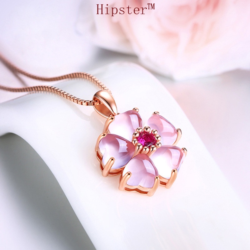 Light Luxury Socialite Style Pink Crystal Peach Blossom Pendant Rose Gold Necklace