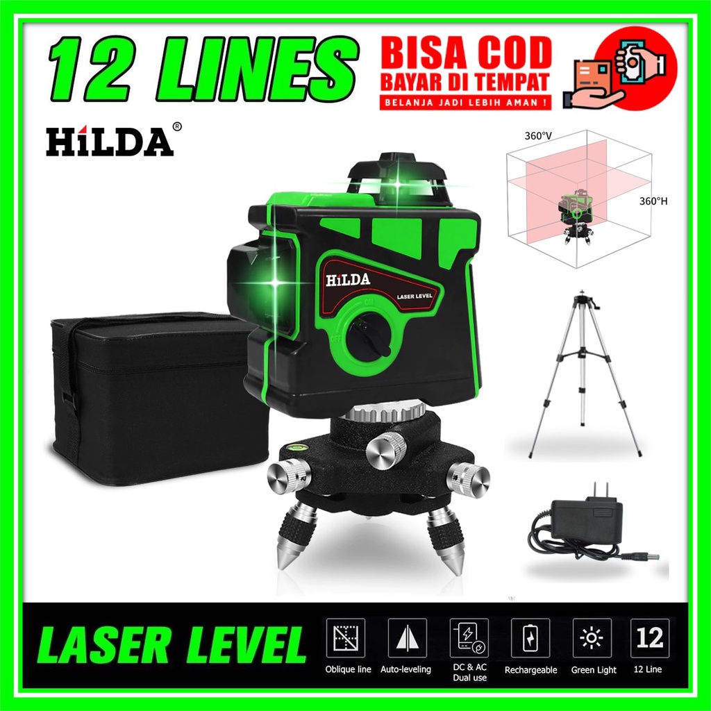 HILDA Laser Level 12 Garis 3D Level Self-Leveling 360 Silang Horizontal dan Vertikal Line Level Lase