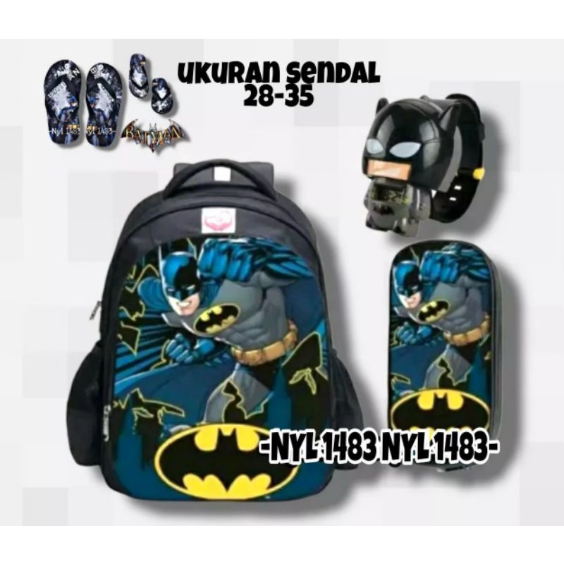 (COD)Ransel Batman Logo Avengers 3in1 Tas Ransel anak sekolah+jam pencet+sendal 28-35