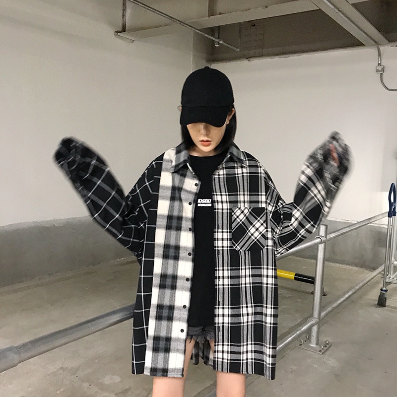 Kemeja Kotak-kotak Lengan Panjang Warna Senada Hitam Putih Baru Untuk Wanita