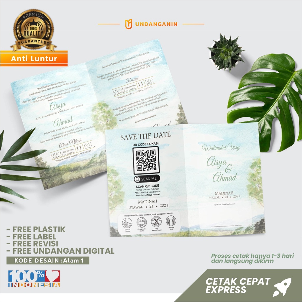 Undangan Pernikahan / Khitanan Anti Air dan Anti Luntur Custom Cetak Bolak Balik Murah Berkulitas Da