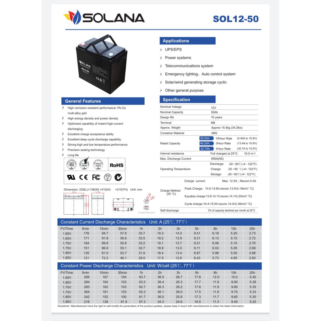 Aki baterai solana vrla deep cycle 12v 12 v 50ah 50 ah c10