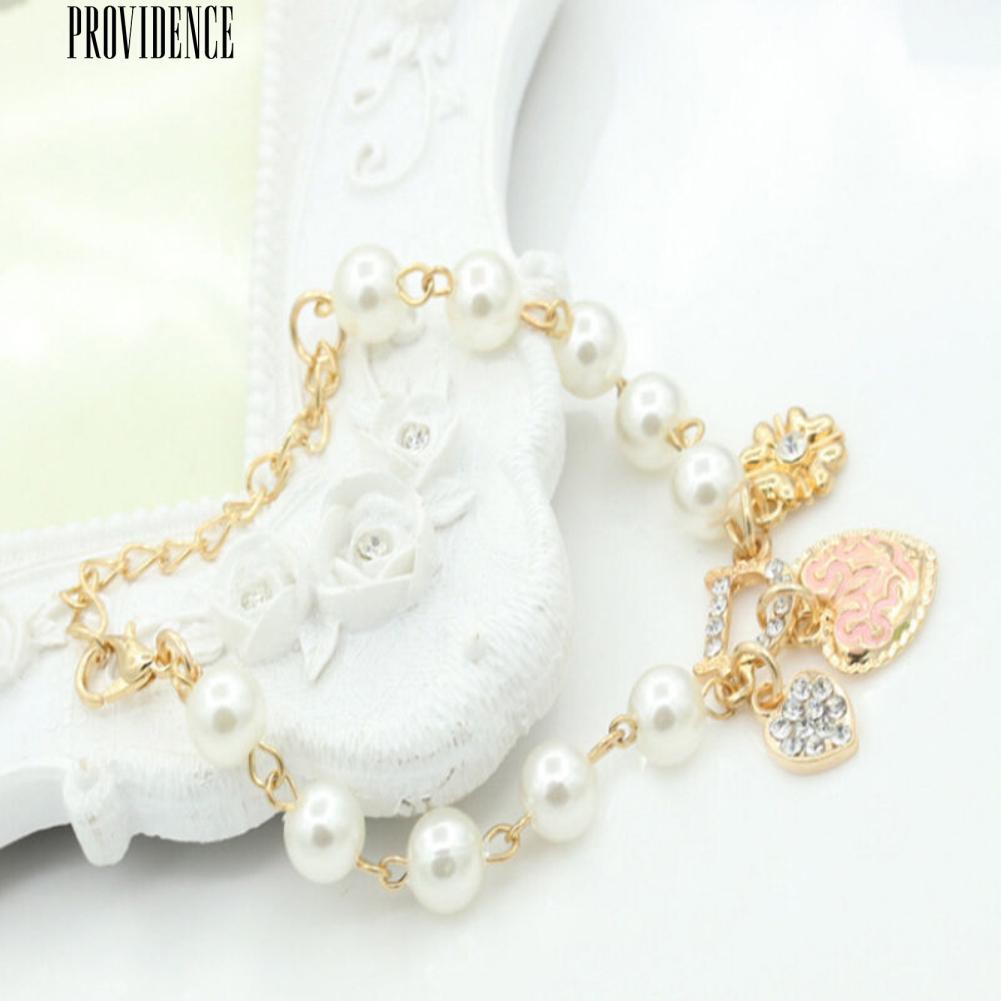 [Bayar Di Tempat] Faux Pearl Berlian Imitasi Cinta Hati Pendant Bracelet