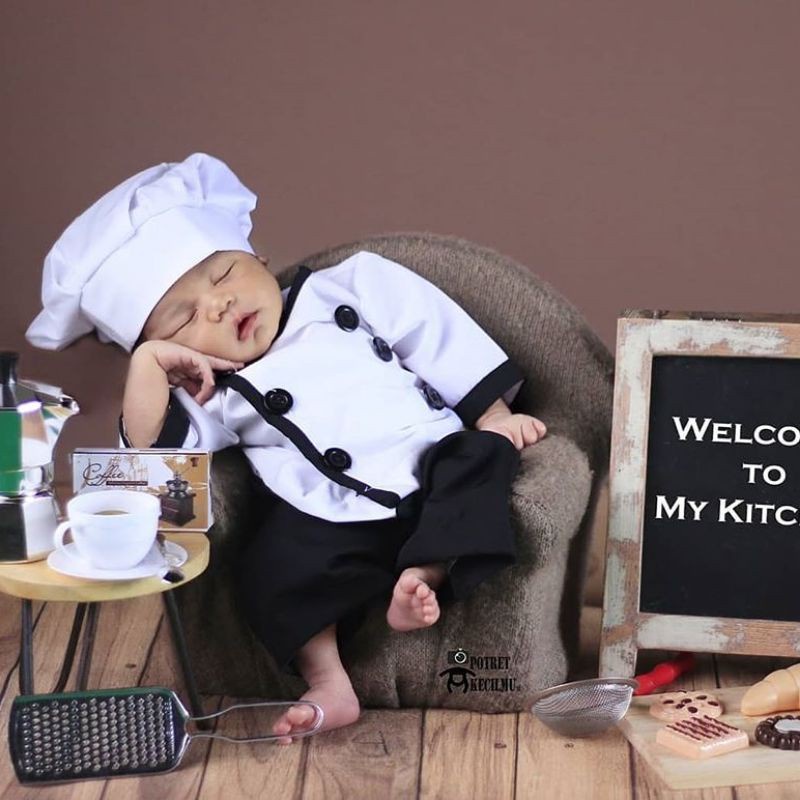 Baju Koki Chef Anak Laki Laki/Perempuan Kostum Foto Bayi Newborn Baju Photoshoot