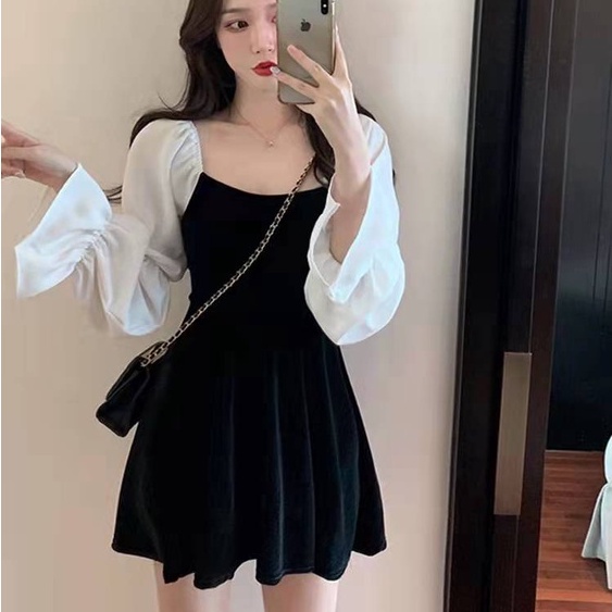 Korean Velvet Pleated Mini Dress Wanita Beludru Lengan Panjang 1334 (S/M/L)