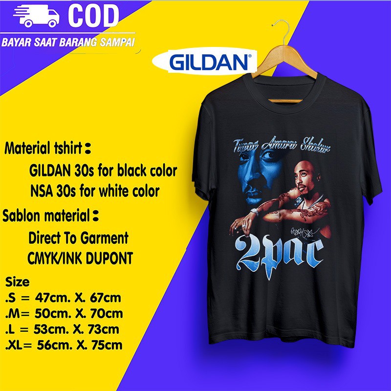 Kaos TUPAC SHAKUR 2PAC MUSIC VINTAGE Tag GILDAN Softstyle Cotton 30s Black Build Up Unisex H01