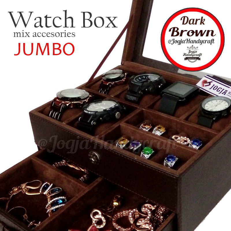Kotak Tempat Jam Tangan JUMBO mix Tempat Perhiasan Susun Full Brown