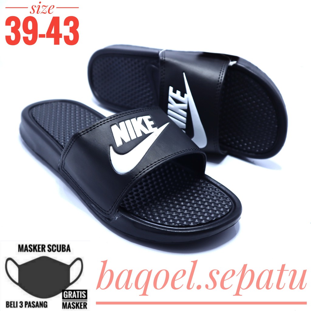 SENDAL NIKE BENASSI SLIDE SANDAL SLOP SLIP ON HITAM LOGO PUTIH PRIA WANITA SPORT IMPORT PREMIUM