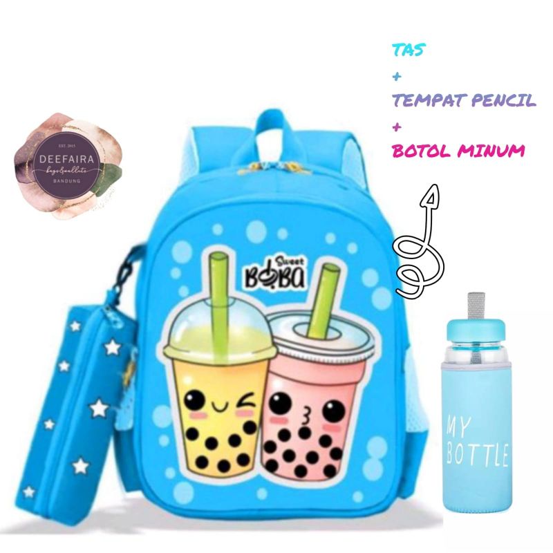 Tas Sekolah TK SD Anak Perempuan Set Pouch dan My Bottle Minum Model Bobbaa