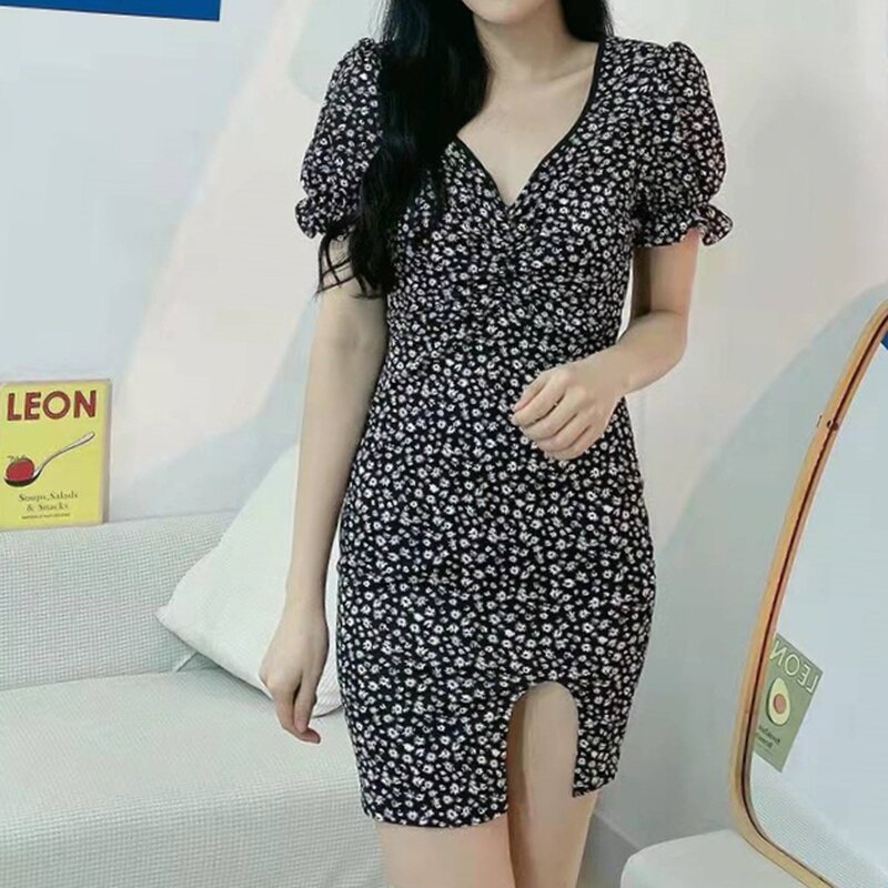 Musim Panas Lengan Pendek Dicetak Floral Celah Dress Mini Elastis Bodycon Gaun Seksi