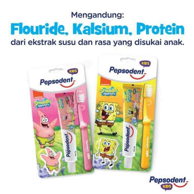 Pepsodent Kids  Pasta Gigi dan Sikat Gigi Spongebob 50 gram | Pepsodent Pasta Gigi Strawberry dan Si