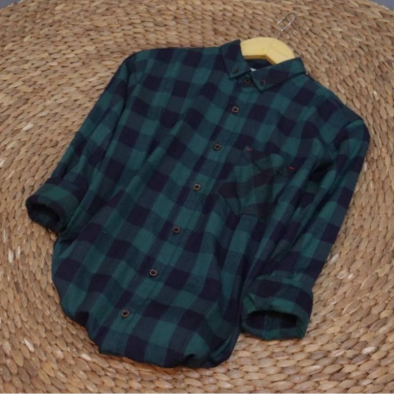 Kemeja Flanel Pria Lengan Panjang Slim Fit / Kemeja Kerja Kantor / Kemaja Garis Kotak Distro-Catur ijo
