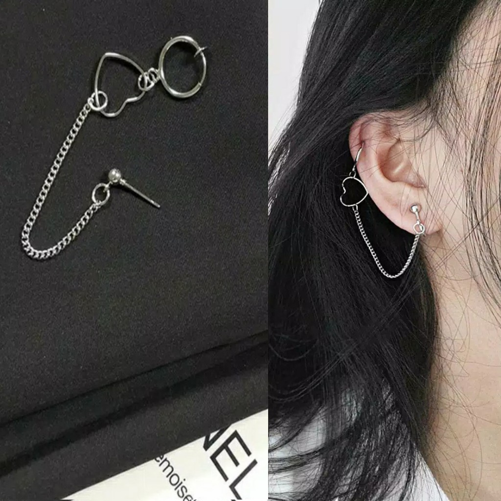 Anting Hati Hip Hop Hollow Love Heart One-piece Chain Rock Earrings