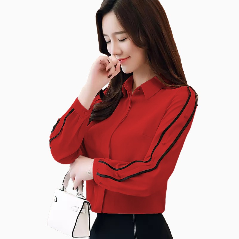 Kemeja lengan Panjang wanita Gaya Korea Variasi list tangan - XSHOP Maria