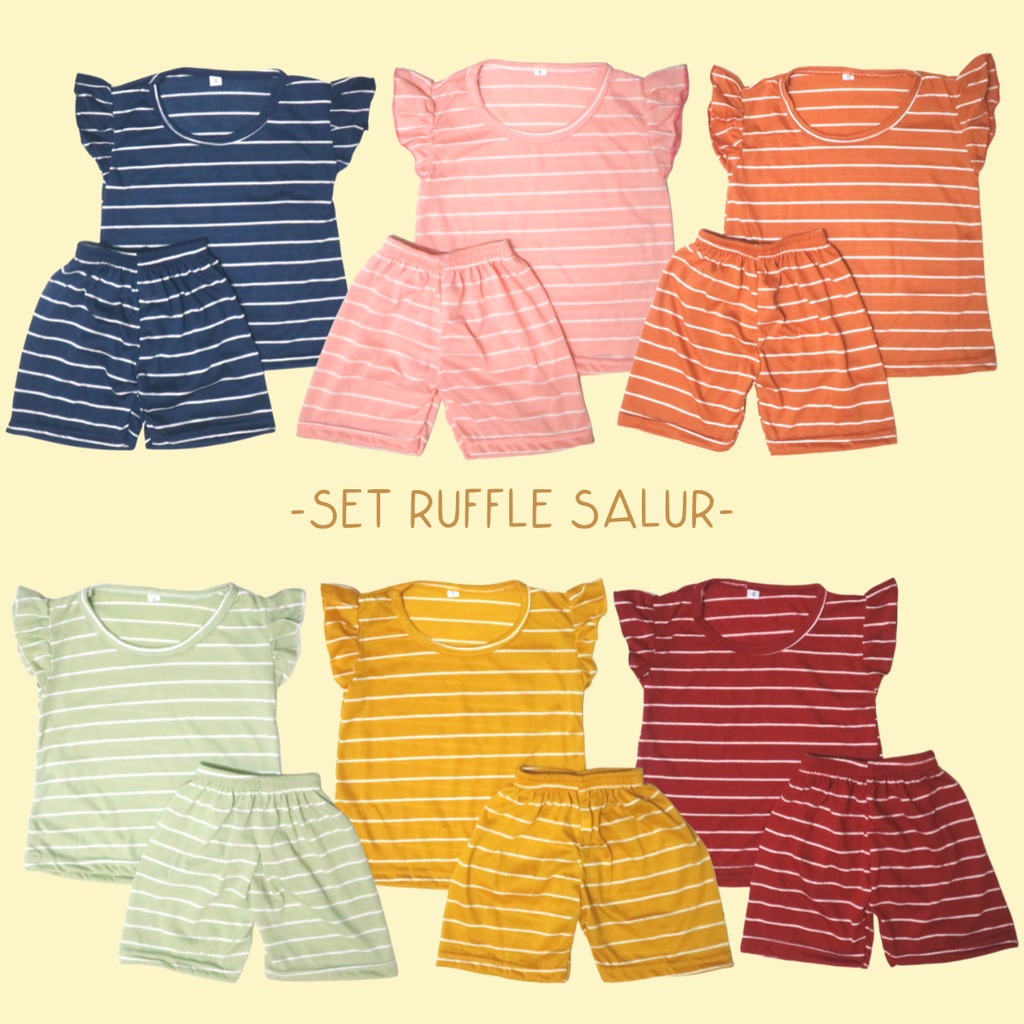 BabynKids - Setelan Anak Perempuan / Setelan Anak Ruffle Set / Set Salur Ruffle Anak / Setelan Anak Harian/ ruffle salur warna