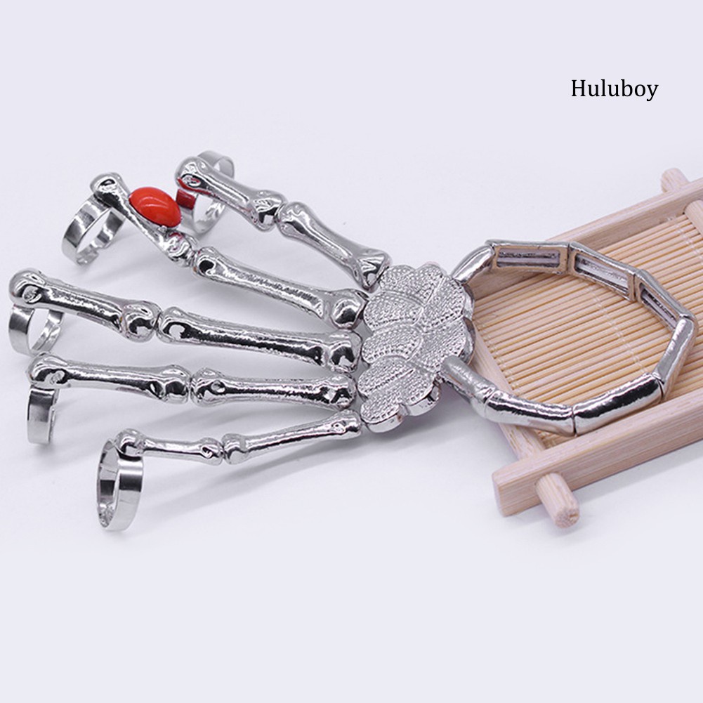 HLB◕Punk Faux Ruby Skeleton Skull Bone Hand Fingers Rings Bracelet Party Bangle