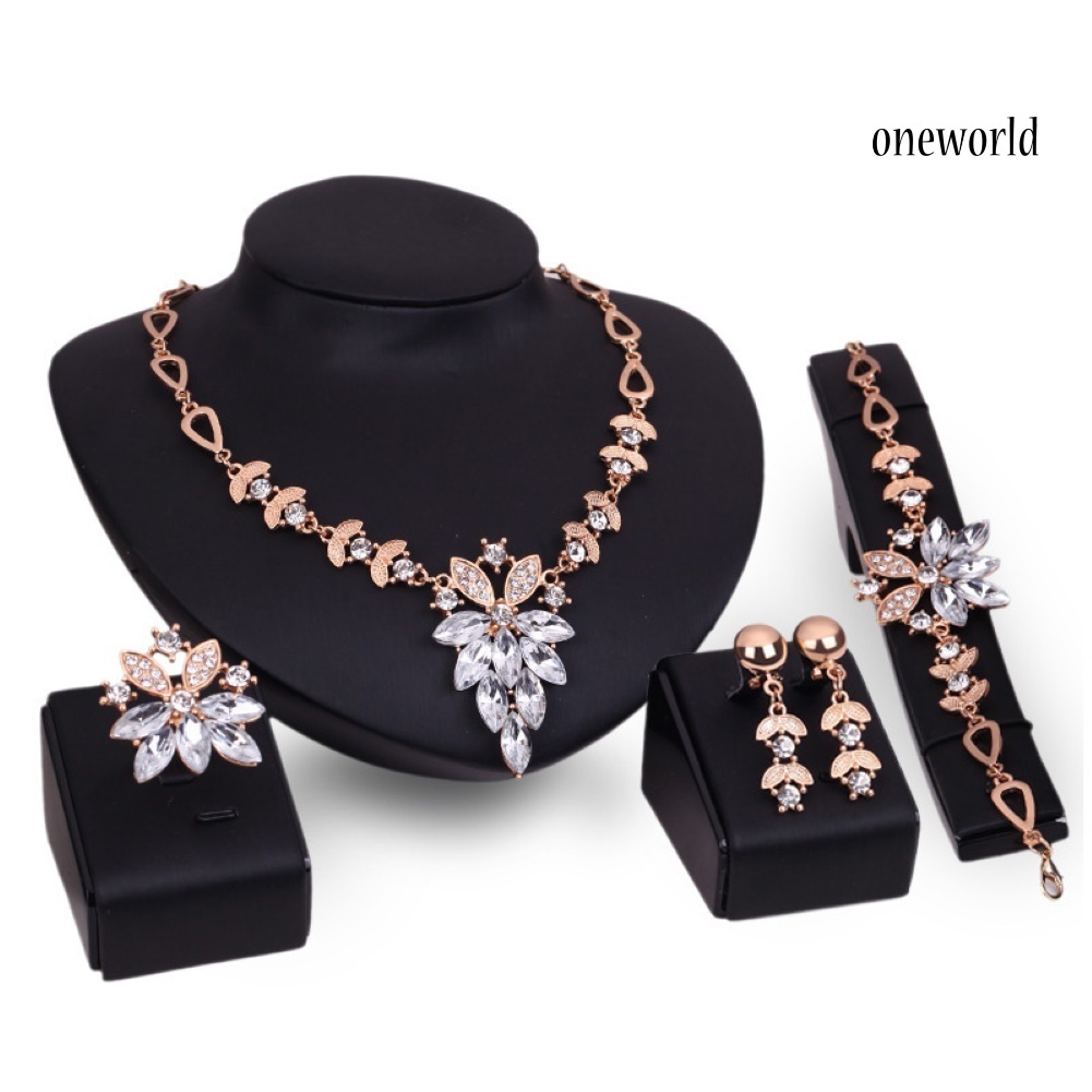 OW@ Women Rhinestone Grape Pendant Necklace Stud Earrings Ring Bracelet Jewelry Set