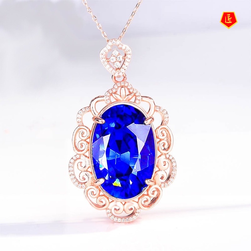 [Ready Stock]Luxury Inlaid Sapphire Pendant 18K Rose Gold Necklace Elegant Advanced