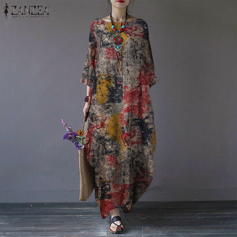 ZANZEA Women Casual Ptinted 3/4 Sleeve Side Pockets Maxi Dress
