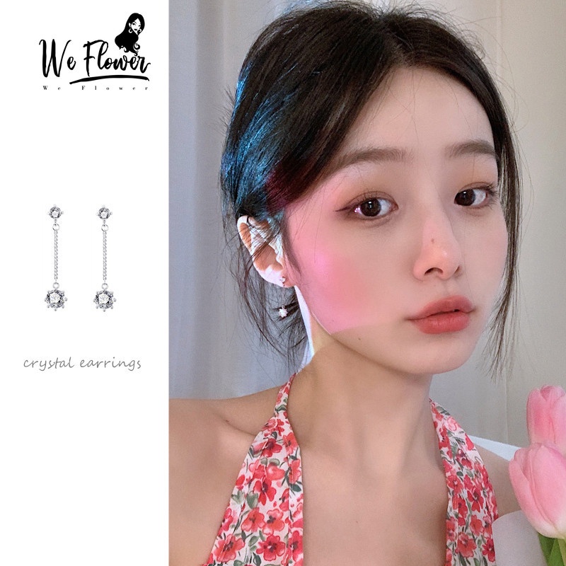 We Flower Anting Tusuk Gantung Rantai Silver Hias Kristal Gaya Korea Untuk Wanita