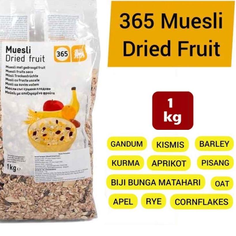 

Serbu sekarang--Muesli Dried Fruit 365 Sereal Sarapan Vegan oat apermut 1kg 1 kg