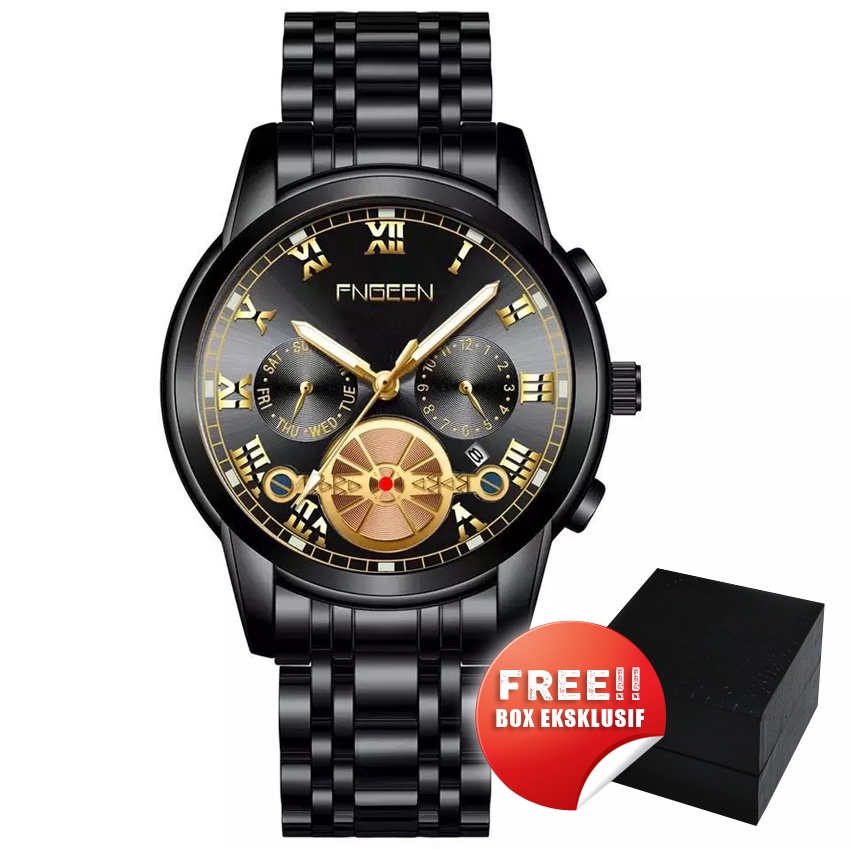 Jam Tangan Kasual Pria FNGEEN FIN6660  Tali Rantai Stainless Steel + Box & Baterai Cadangan