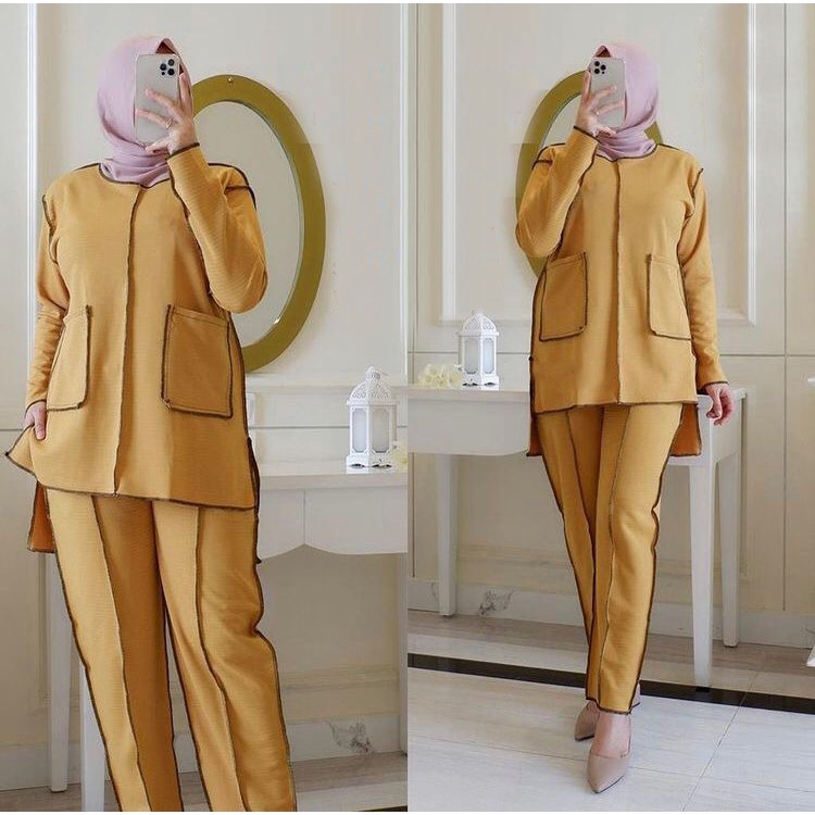 PAKAIAN FASHION MUSLIM WANITA SETELAN CELANA SET POLOS MIANE TERBARU DMR