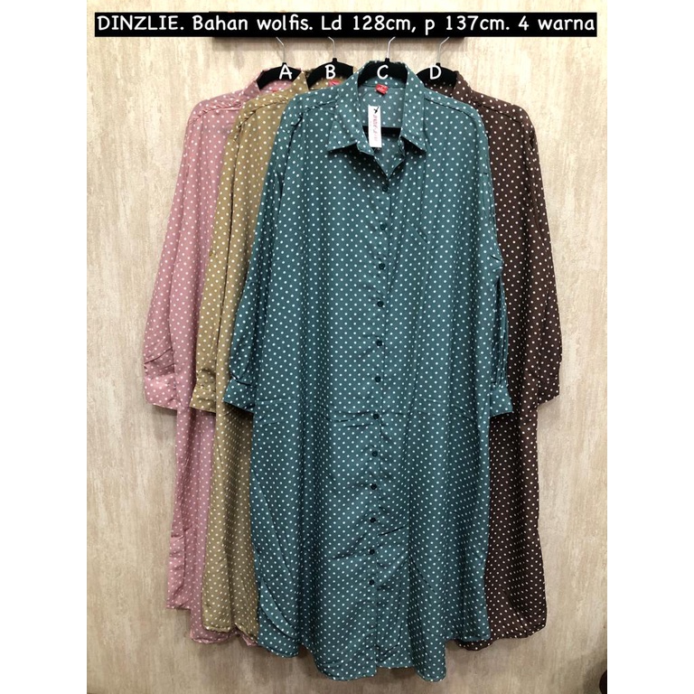 DINZLIE KEMEJA PANJANG LONG TUNIK LONGDRESS GAMIS BAHAN SHAKILLA MOTIF DOT POLKA POLKADOT BINTIK